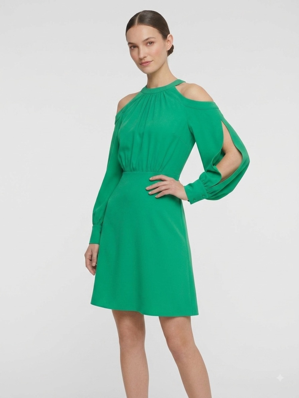 🌺 BCBG Maxazria Green Cold-Shoulder Long-Sleeve A-Line Dress Size 2